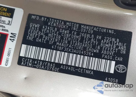 2010 Toyota Camry Base z USA, uszkodzony, nr VIN 4T1BF3EK3AU045264